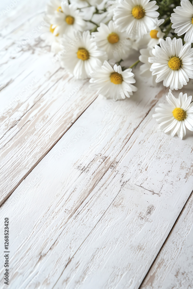 Obraz premium A beautiful arrangement of daisies on a rustic white wooden surface, evoking a fresh and cheerful atmosphere.