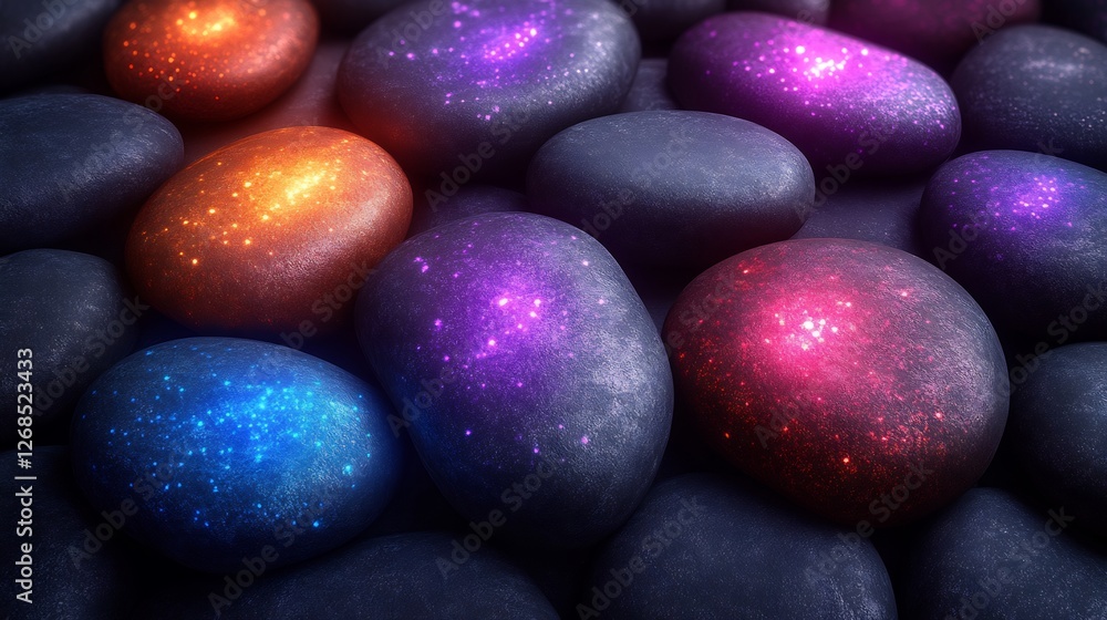 Glowing Smooth Stones Vibrant Colors Dark Background. AI Generated Glowing Smooth Stones Vibrant Colors Dark Background. AI Generated