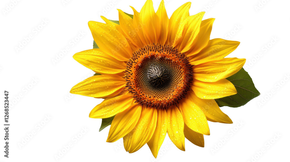 Bright sunflower blooming with dew drops on transparent background Bright sunflower blooming with dew drops on transparent background