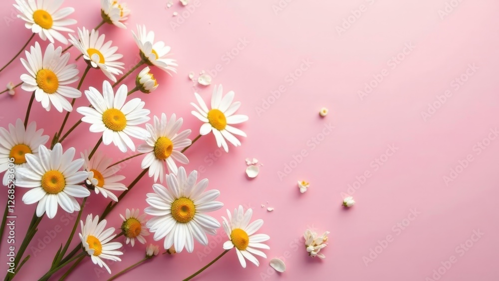 A Delicate Arrangement of White Daisies on a Soft Pink Background, Creating a Serene and Elegant Floral Composition Perfect for Springtime Greetings or Feminine Designs A Delicate Arrangement of White Daisies on a Soft Pink Background, Creating a Serene and Elegant Floral Composition Perfect for Springtime Greetings or Feminine Designs