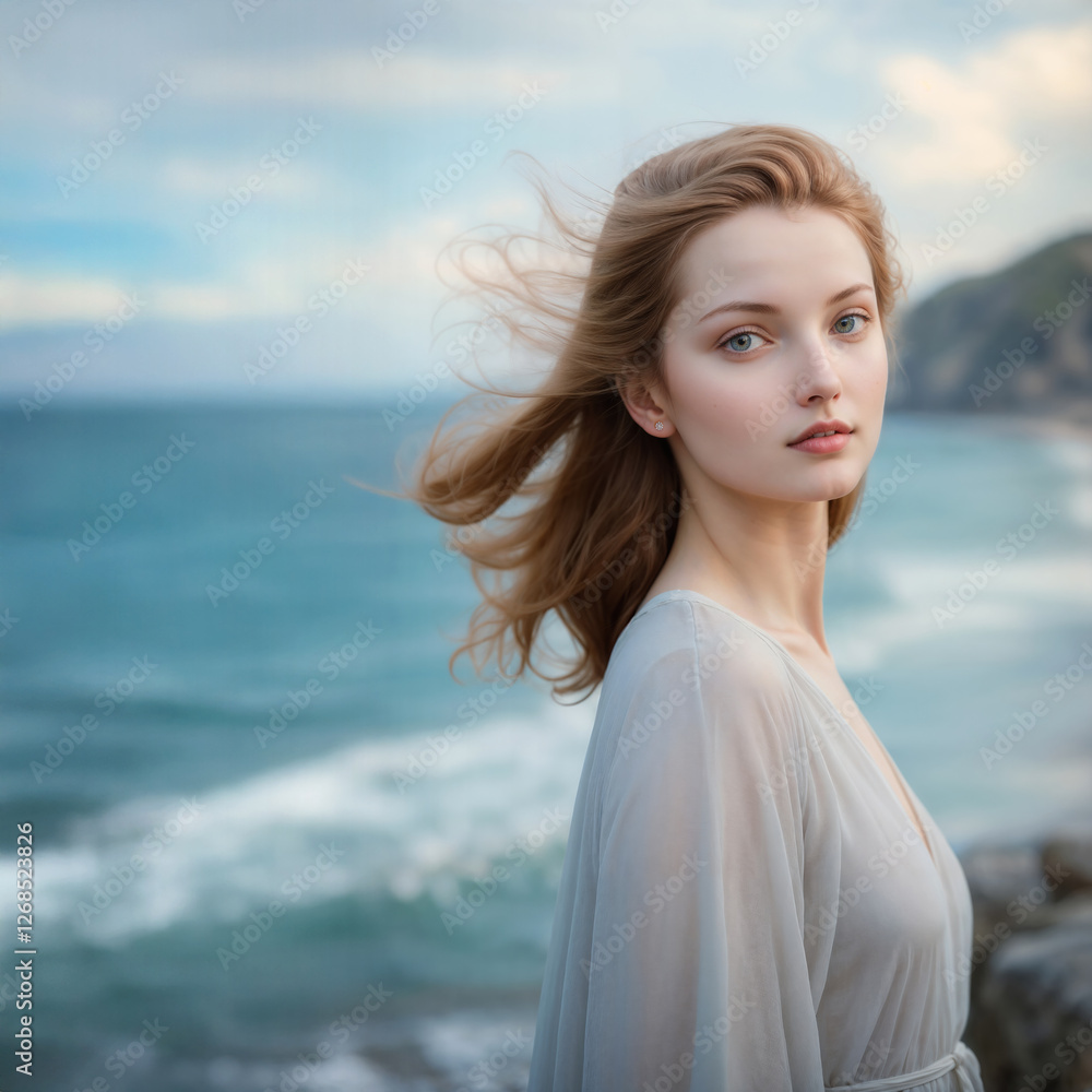 A serene woman is gazing thoughtfully toward the camera, set against a backdrop of the ocean and cliffs. The gentle breeze plays with their hair, adding a sense of tranquility to the coastal setting. A serene woman is gazing thoughtfully toward the camera, set against a backdrop of the ocean and cliffs. The gentle breeze plays with their hair, adding a sense of tranquility to the coastal setting.