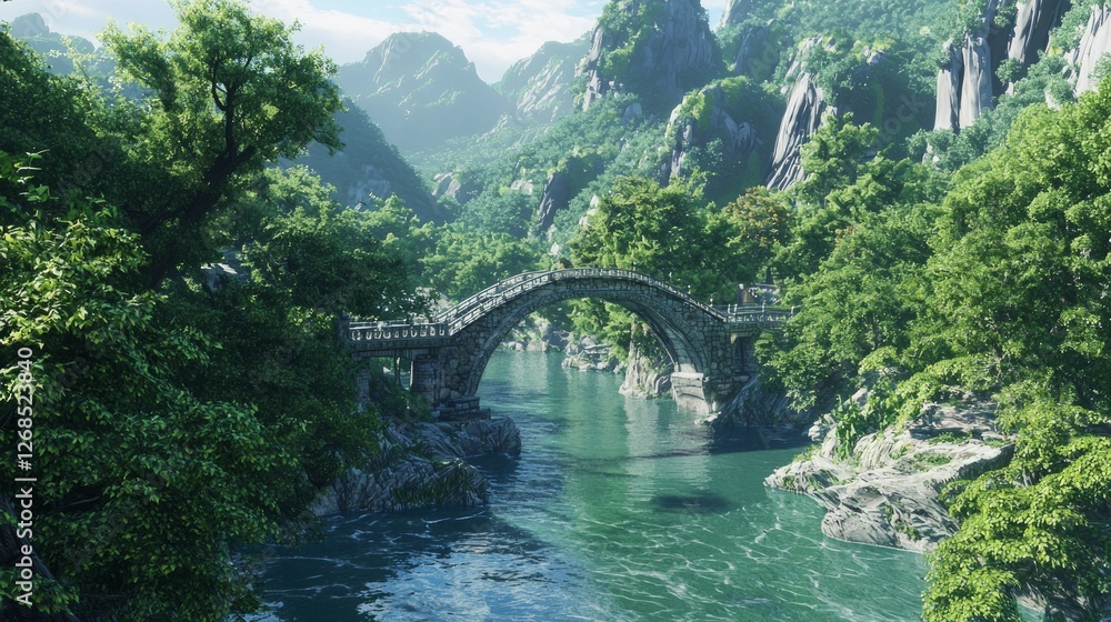 Serene River Valley in a Japanese Landscape with Stone Bridge Serene River Valley in a Japanese Landscape with Stone Bridge