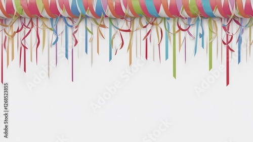 several different colored streamers hanging from the ceiling over a window and a white background