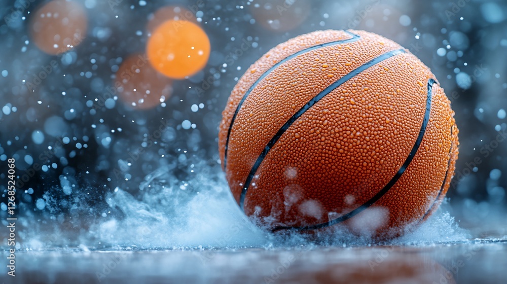 Serene Basketball Floating in Atmosphere with Water Droplets and Bokeh Background Effects Serene Basketball Floating in Atmosphere with Water Droplets and Bokeh Background Effects