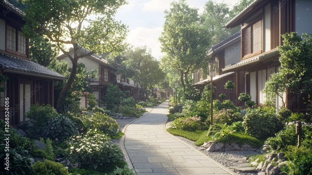 Peaceful Suburban Street with Traditional Japanese Architecture Peaceful Suburban Street with Traditional Japanese Architecture