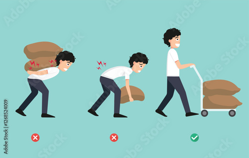 wrong and right carrying position
,Improper versus against proper lifting ,body posture,illustration,vector
