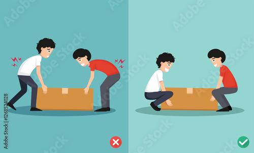 wrong and right carrying position
,Improper versus against proper lifting ,body posture,illustration,vector