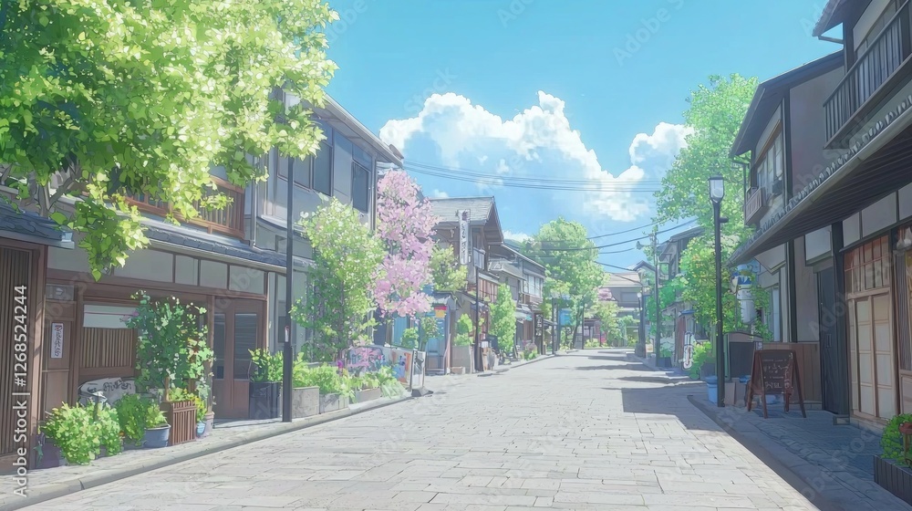 Serene Japanese Town Square Surrounded by Lush Greenery and Blooms Serene Japanese Town Square Surrounded by Lush Greenery and Blooms