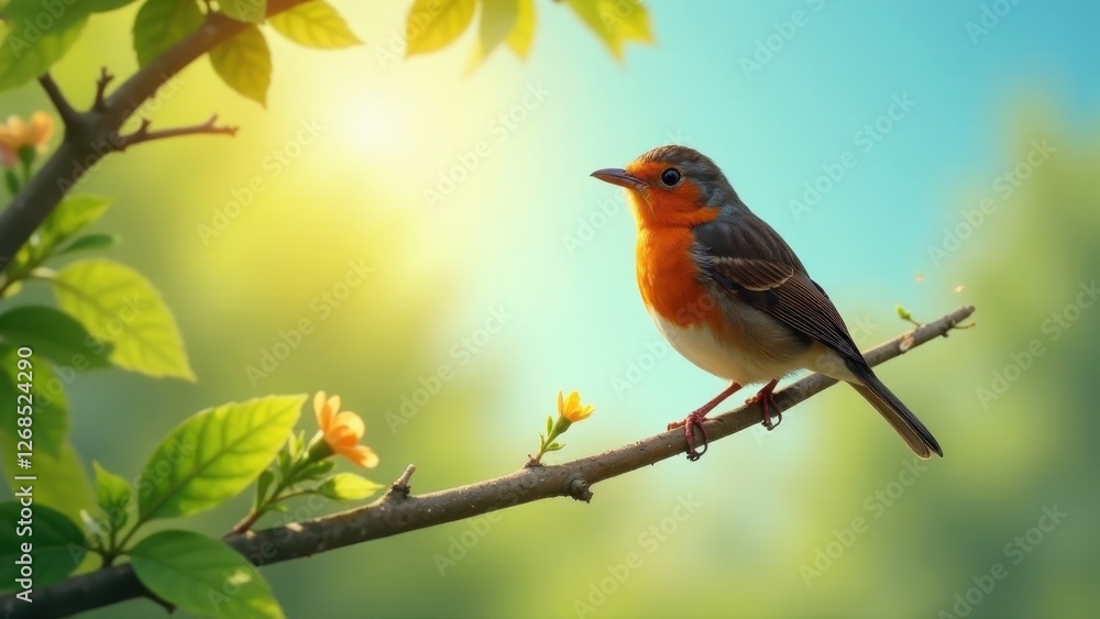 A vibrant little bird perched on a slender branch, basking in the warm glow of morning sunlight, surrounded by delicate blossoms and lush green leaves, a serene springtime scene. A vibrant little bird perched on a slender branch, basking in the warm glow of morning sunlight, surrounded by delicate blossoms and lush green leaves, a serene springtime scene.