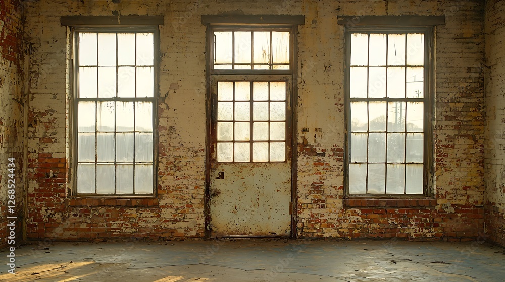 Obraz premium Abandoned factory interior, sunlight through windows, brick walls, grunge texture, design backdrop