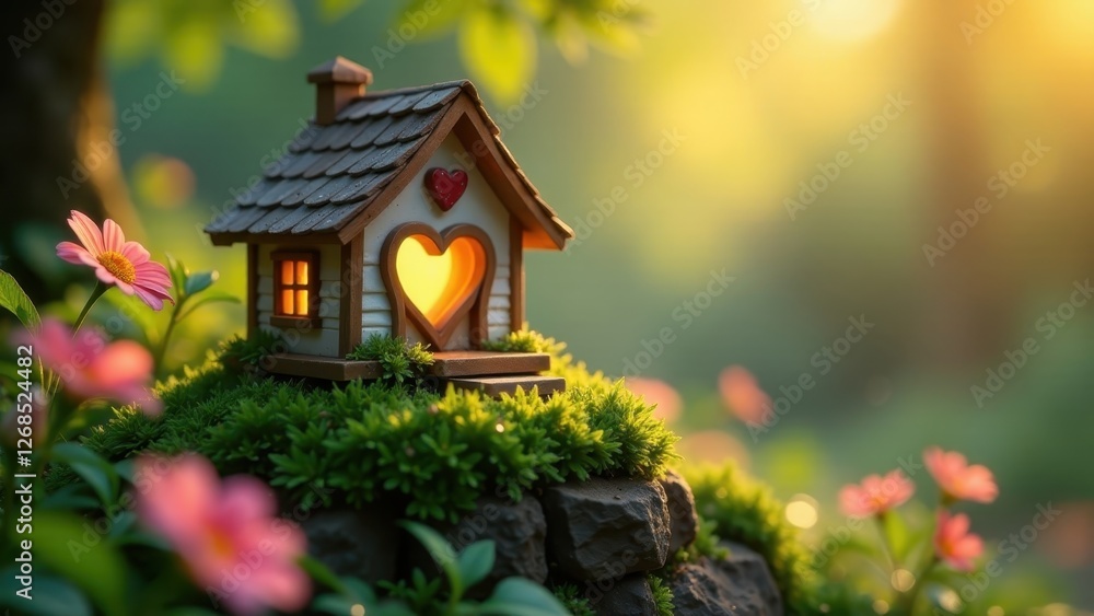 Miniature House with Heart-Shaped Window Nestled in a Lush Green Mossy Landscape at Golden Hour Miniature House with Heart-Shaped Window Nestled in a Lush Green Mossy Landscape at Golden Hour