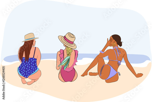 Three different Beautiful girls in swimsuit and hat sitting on summer beach, seacoast back view. Young women sunbathing, relaxing on seaside holiday, vacation. Outline colored vector illustration.