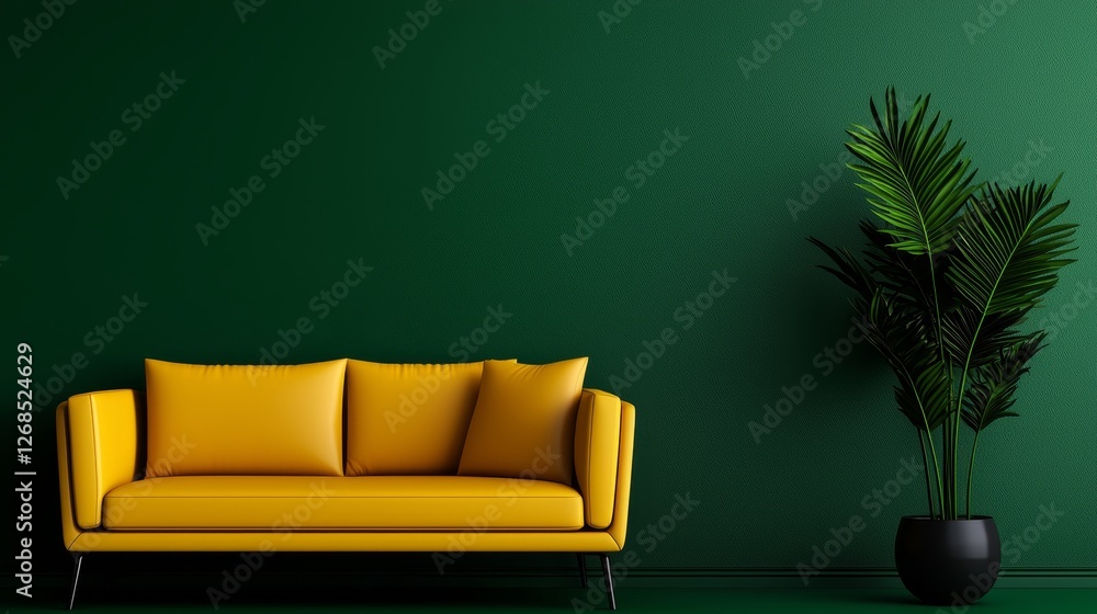 A modern yellow sofa against a deep green wall, complemented by a potted plant, creating a vibrant and stylish interior space. A modern yellow sofa against a deep green wall, complemented by a potted plant, creating a vibrant and stylish interior space.