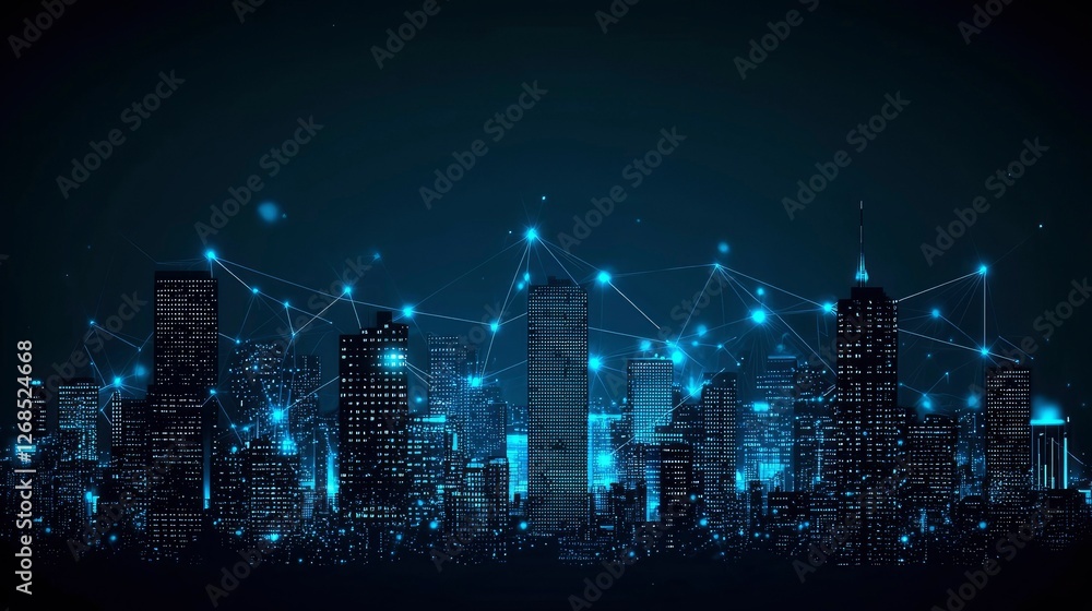 Fototapeta premium Smart City at Night Networked Urban Skyline with Glowing Connections