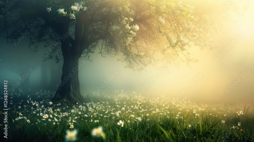 Fototapeta premium serene landscape featuring blooming tree surrounded by flowers in misty atmosphere, evoking sense of tranquility and beauty