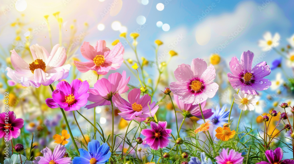 Bright and colorful wildflowers bloom in sunny meadow, creating vibrant and cheerful atmosphere. flowers display various colors, enhancing beauty of nature Bright and colorful wildflowers bloom in sunny meadow, creating vibrant and cheerful atmosphere. flowers display various colors, enhancing beauty of nature