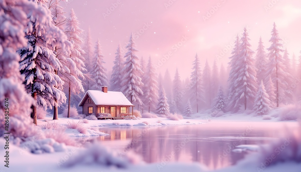 Naklejka premium Cozy Cabin in Snowy Winter Landscape Reflecting on Frozen Lake
