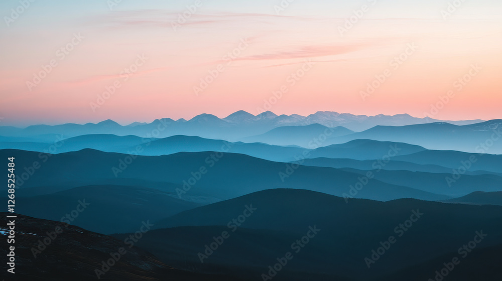 A tranquil mountain range with rugged, snow-capped summits bathed in the glow of dawn A tranquil mountain range with rugged, snow-capped summits bathed in the glow of dawn