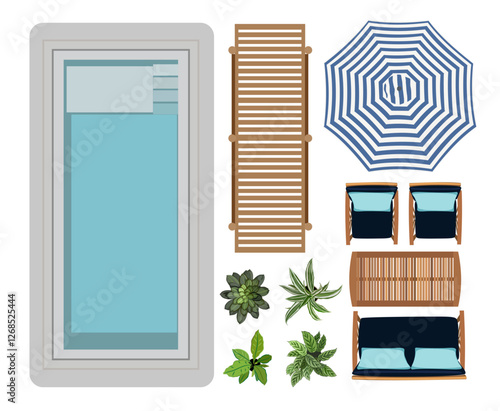 Top view of furniture icons for interior and landscape design plan. Sofa, armchairs, table, umbrella, pool, plants for garden, terrace, patio and porch zone. Realistic vector illustration isolated.