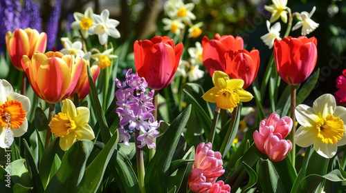 Wallpaper Mural Vibrant garden filled with colorful tulips, daffodils, and hyacinths, showcasing beauty of spring flowers in full bloom Torontodigital.ca