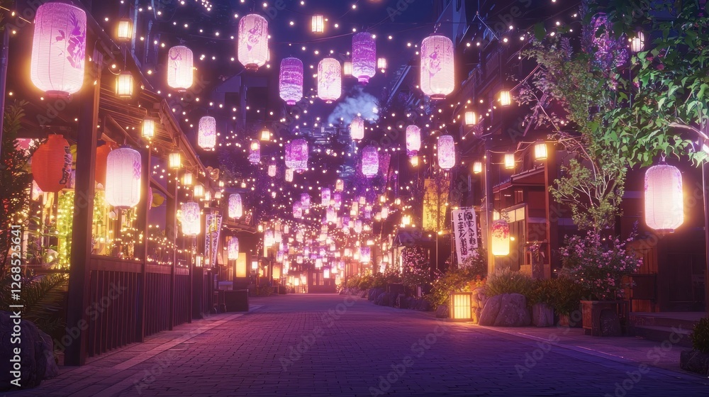 Vibrant Urban Festival with Colorful Lanterns in Japanese Setting Vibrant Urban Festival with Colorful Lanterns in Japanese Setting