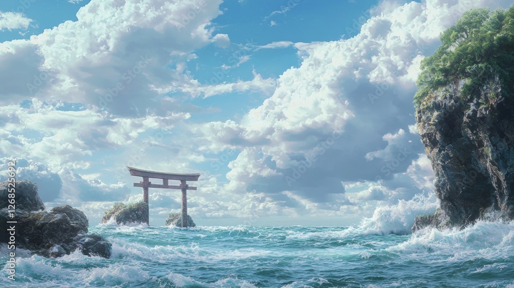 Mystical Coastal Scene with Torii Gate and Cliffs Under Clouds