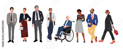 Diverse business team. Vector realistic illustration of multinational cartoon men and women of various ethnicities, ages in smart casual and formal office outfits. Isolated on white background.
