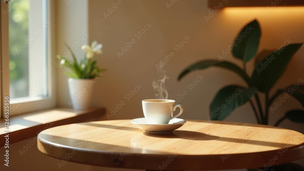 Aromatic Coffee Steam Rises from a White Cup on a Sunny Wooden Table Aromatic Coffee Steam Rises from a White Cup on a Sunny Wooden Table
