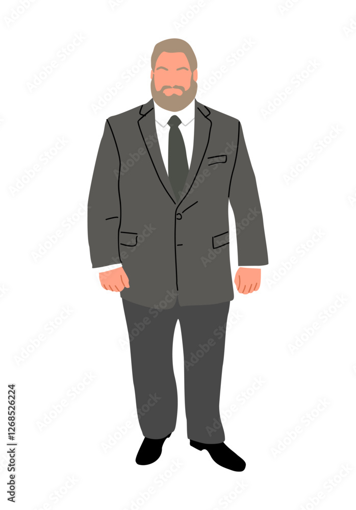 Senior business man standing in formal suit or tuxedo. Overweight male character vector realistic illustration isolated on white background. Big boss. Fat businessman. Senior business man standing in formal suit or tuxedo. Overweight male character vector realistic illustration isolated on white background. Big boss. Fat businessman.