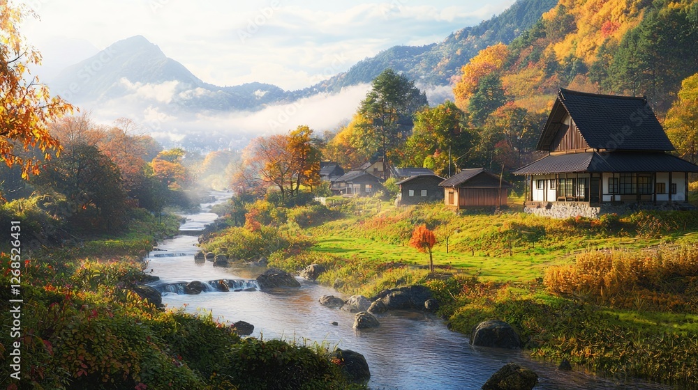 Fototapeta premium Serene Rural Landscape in Japanese Autumn with Misty Mountains