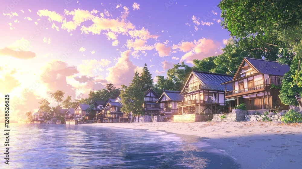 Fototapeta premium Peaceful Coastal Village at Sunrise with Beautiful Sky and Water