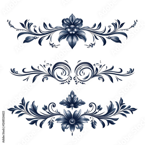 Elegant Dark Blue Floral Designs Ornate Swirls Vintage Style Decor isolated on a transparent background