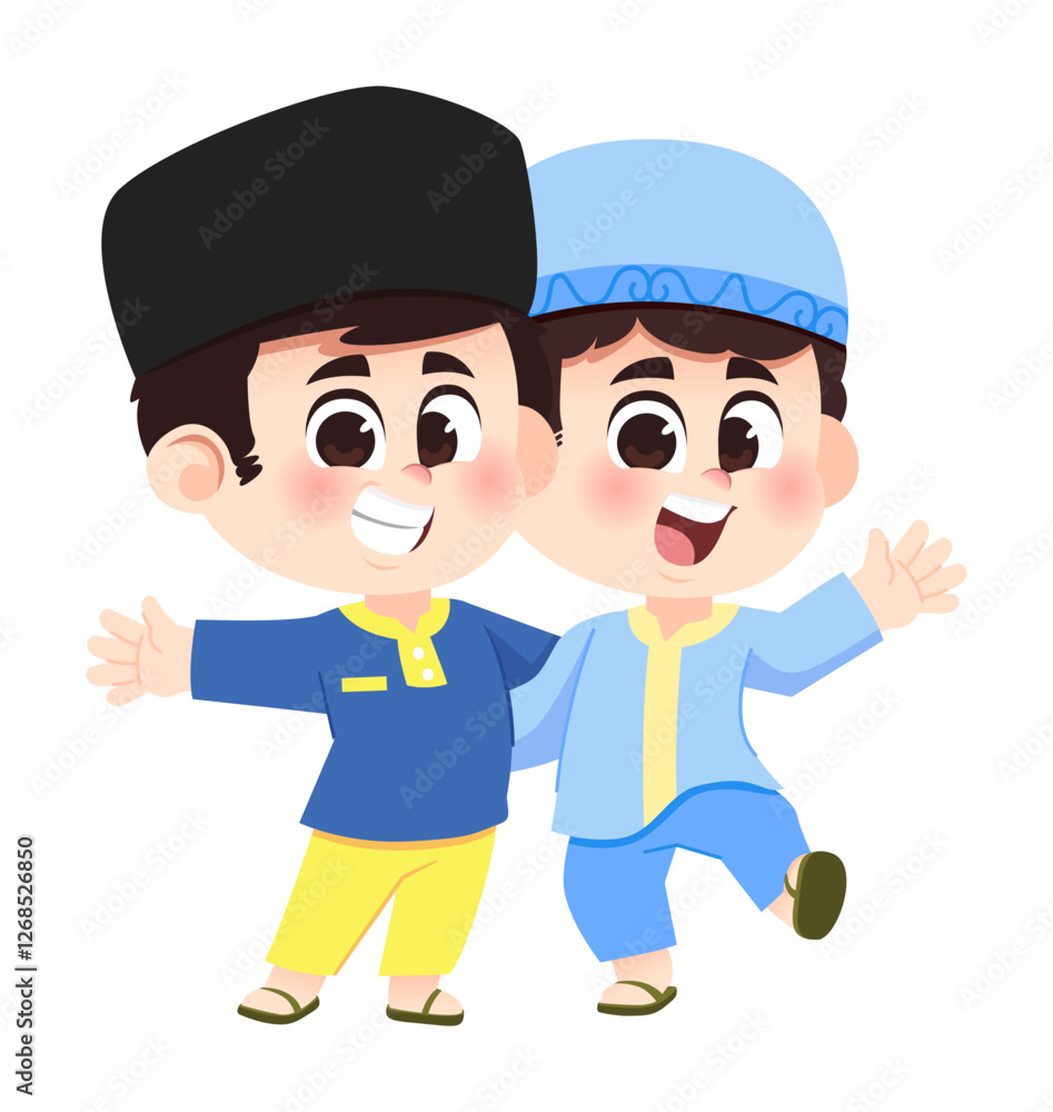 Two Cheerful muslim kids hug to celebrate ramadan Two Cheerful muslim kids hug to celebrate ramadan