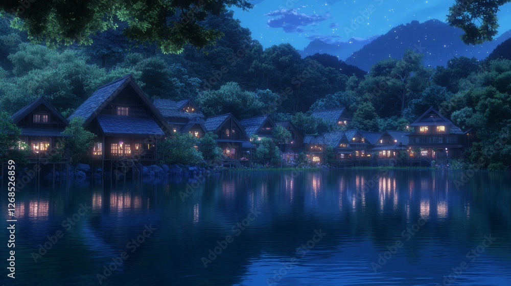 Tranquil Lakeside Village Under Starry Sky in Japan at Night Tranquil Lakeside Village Under Starry Sky in Japan at Night