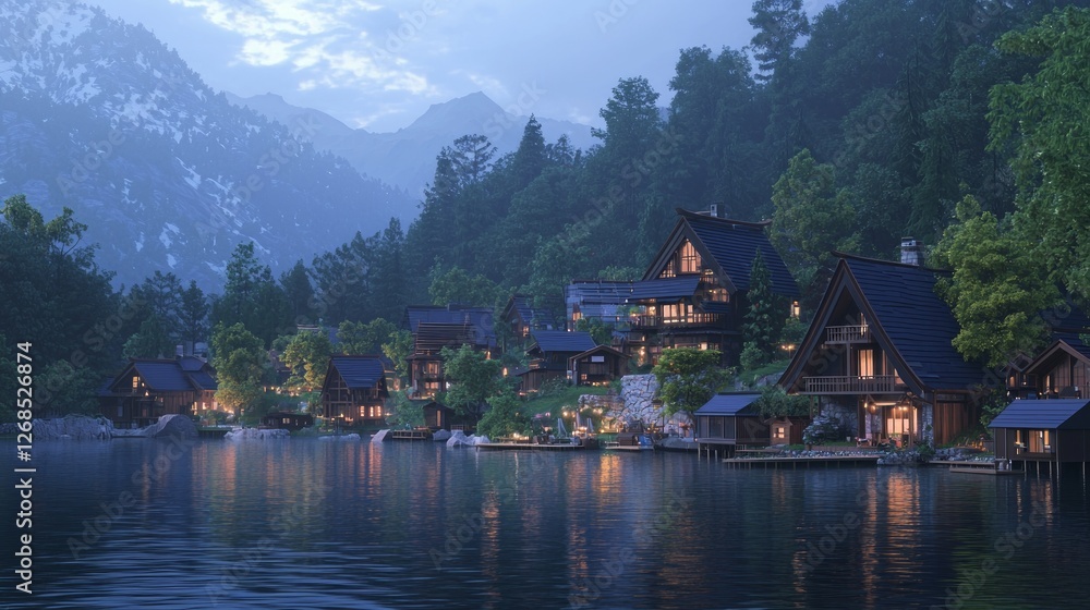 Tranquil Lakeside Village at Dusk Surrounded by Mountains in Japan Tranquil Lakeside Village at Dusk Surrounded by Mountains in Japan