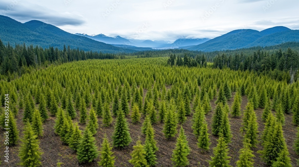 Fototapeta premium Young Evergreen Trees Planted In Rows Against Mountain Background