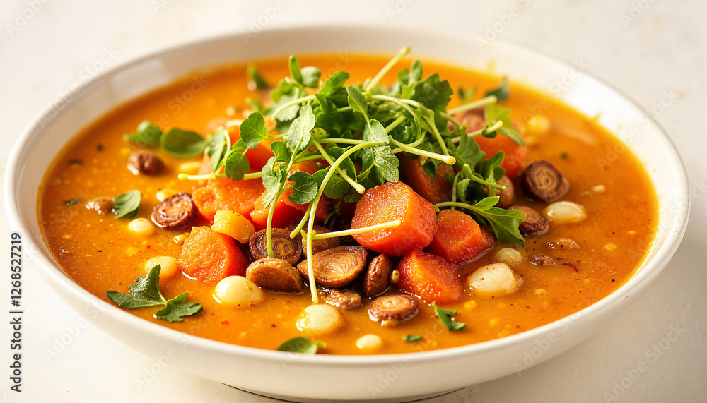 Vibrant roasted carrot ginger soup with microgreens, culinary delight, Ayurvedic eating concept Vibrant roasted carrot ginger soup with microgreens, culinary delight, Ayurvedic eating concept