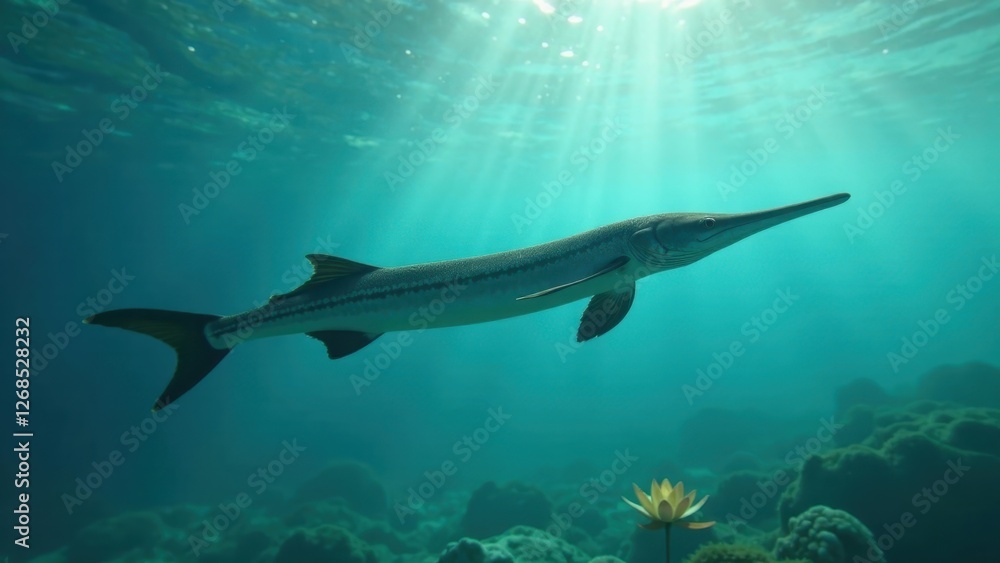 Obraz premium A graceful needlefish glides through sunlit ocean depths, its elongated body a stark contrast to the vibrant underwater flora