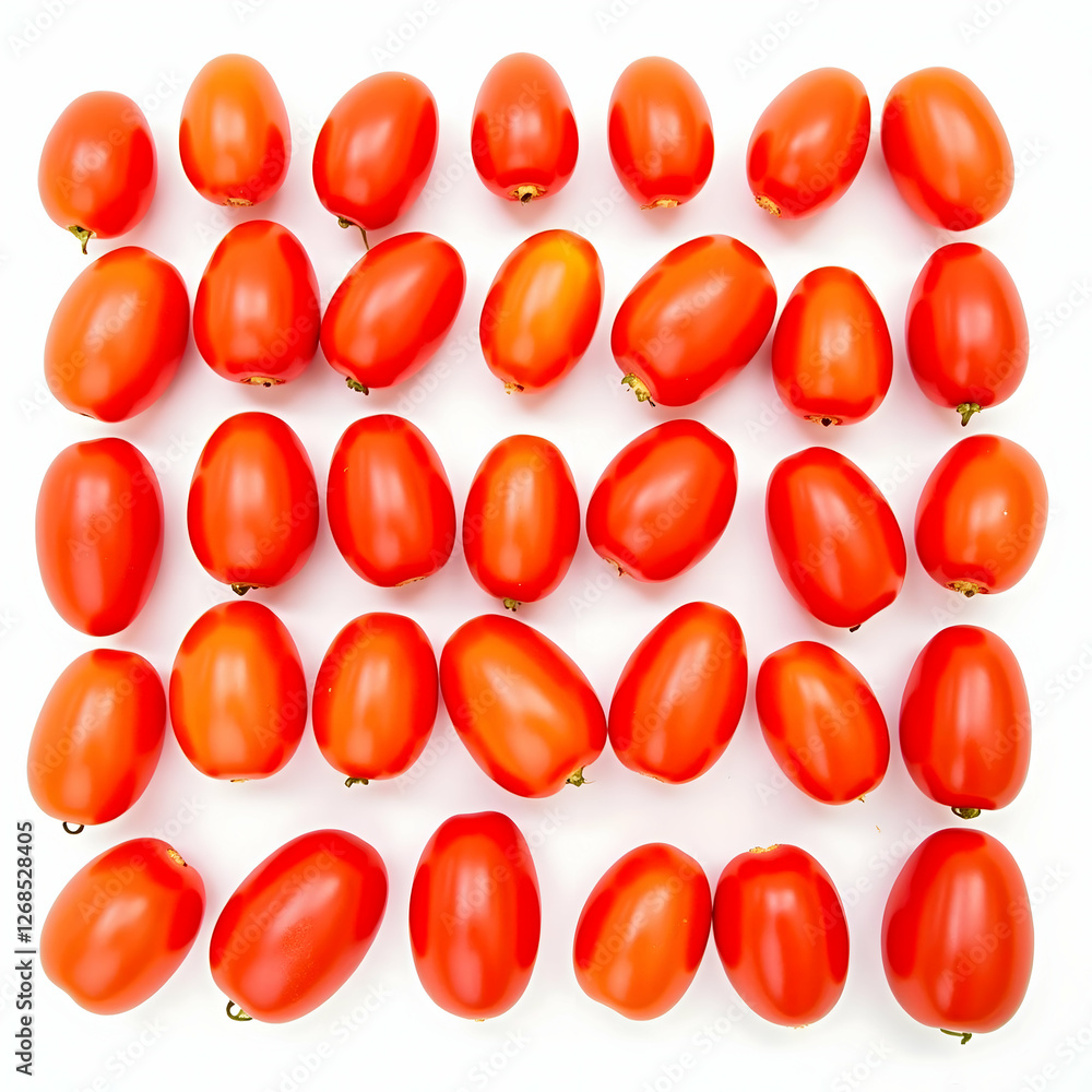 Fresh, juicy cherry tomatoes with a rich red hue, arranged symmetrically on a white background, showcasing their glossy skin, organic beauty, and vibrant detail in a crisp macro still life shot.
Fresh, juicy cherry tomatoes with a rich red hue, arranged symmetrically on a white background, showcasing their glossy skin, organic beauty, and vibrant detail in a crisp macro still life shot.