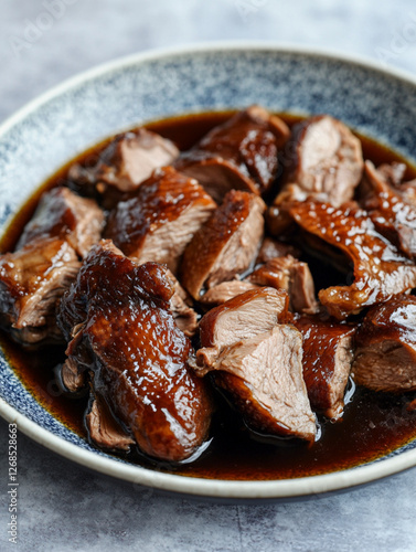 The photo shows an Asian dish of braised duck with brown sauce, sliced and arranged on the plate in large pieces. The plate is placed against a light grey background with blue stripes at its edges. Th