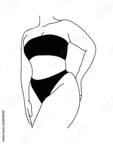 Line art vector illustration of curvy woman in underwear. Plus size girl in bikini Body positive abstract minimalist drawing for wall art, poster, card, logo. Isolated on white background.