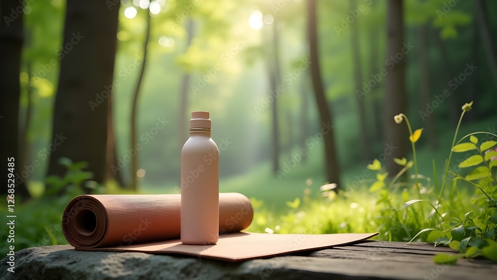 Peaceful Nature Scene with Pink Yoga Mat and Water Bottle for Outdoor Meditation and Relaxation Peaceful Nature Scene with Pink Yoga Mat and Water Bottle for Outdoor Meditation and Relaxation