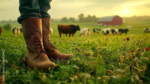 Farmer's boots in pasture, cows grazing, sunset