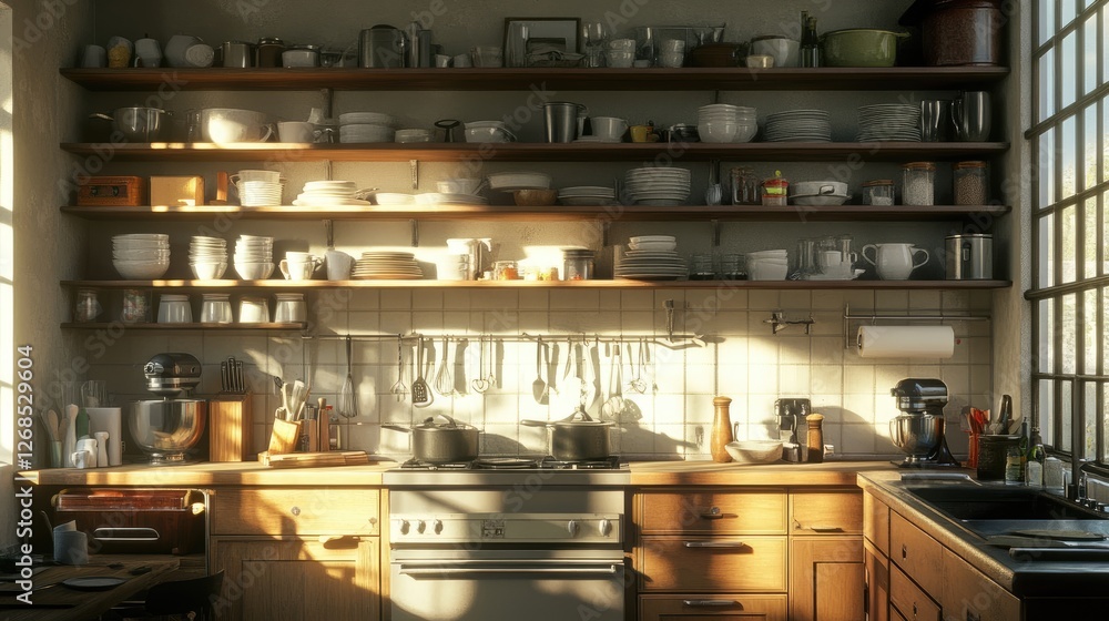 A modern kitchen with organized cabinets storing dishes, pots, and pans in a systematic order A modern kitchen with organized cabinets storing dishes, pots, and pans in a systematic order
