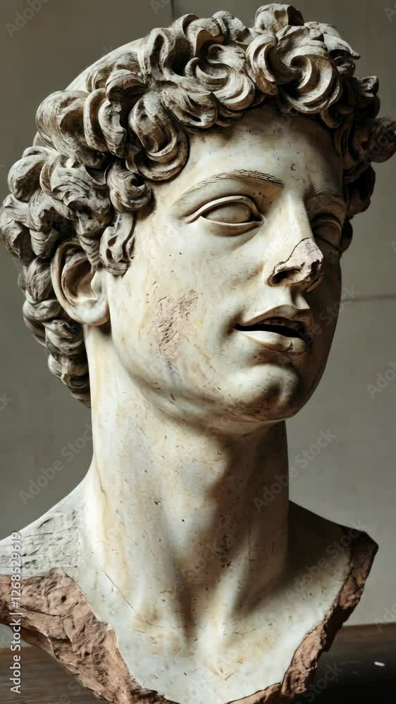 Bust of a youthful figure with curly hair captured in soft lighting in an art gallery Bust of a youthful figure with curly hair captured in soft lighting in an art gallery