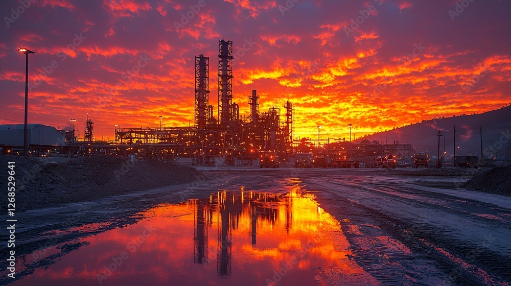 Naklejka premium Fiery sunset over refinery, construction site reflection