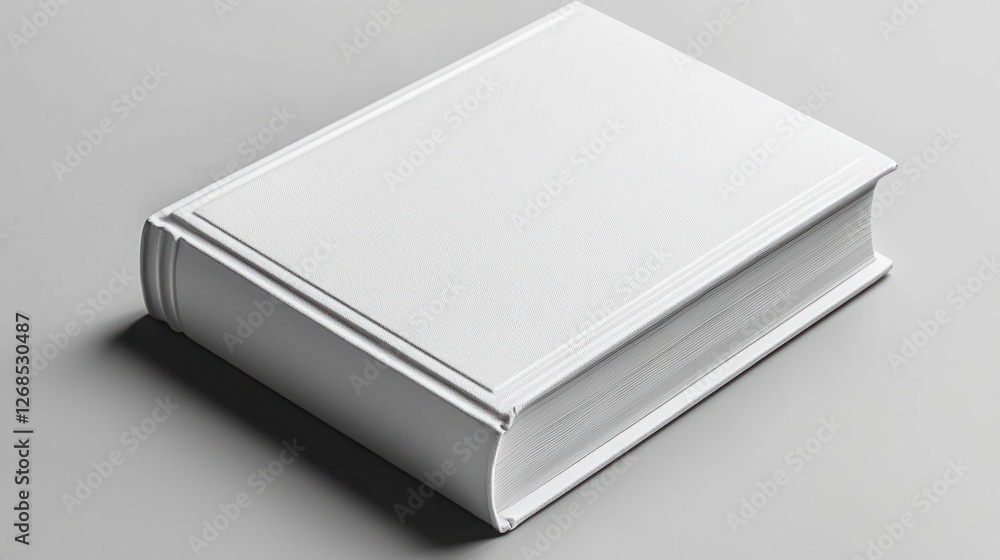 A thick blank white book rests on a gray surface A thick blank white book rests on a gray surface