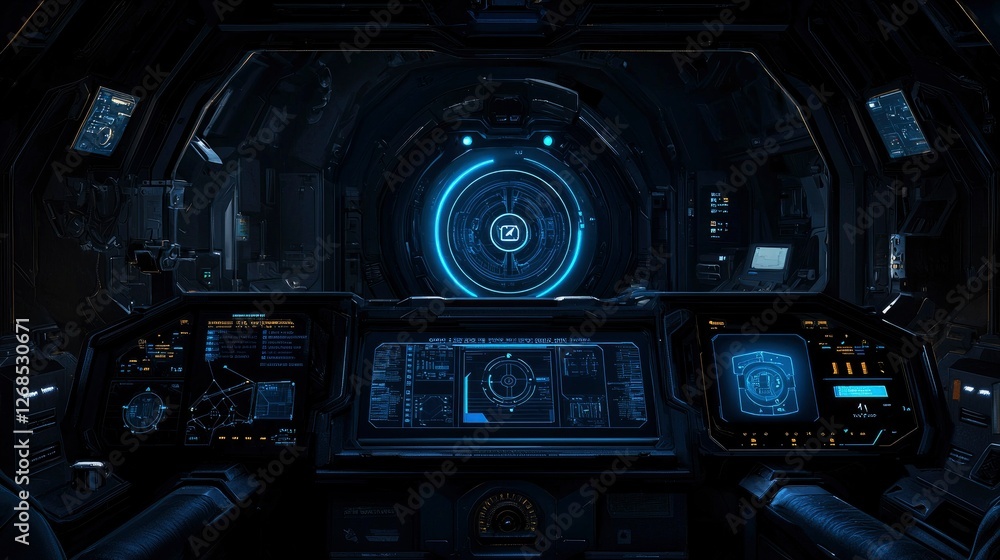 Fototapeta premium Futuristic Spaceship Cockpit Interior Advanced Technology Control Panel