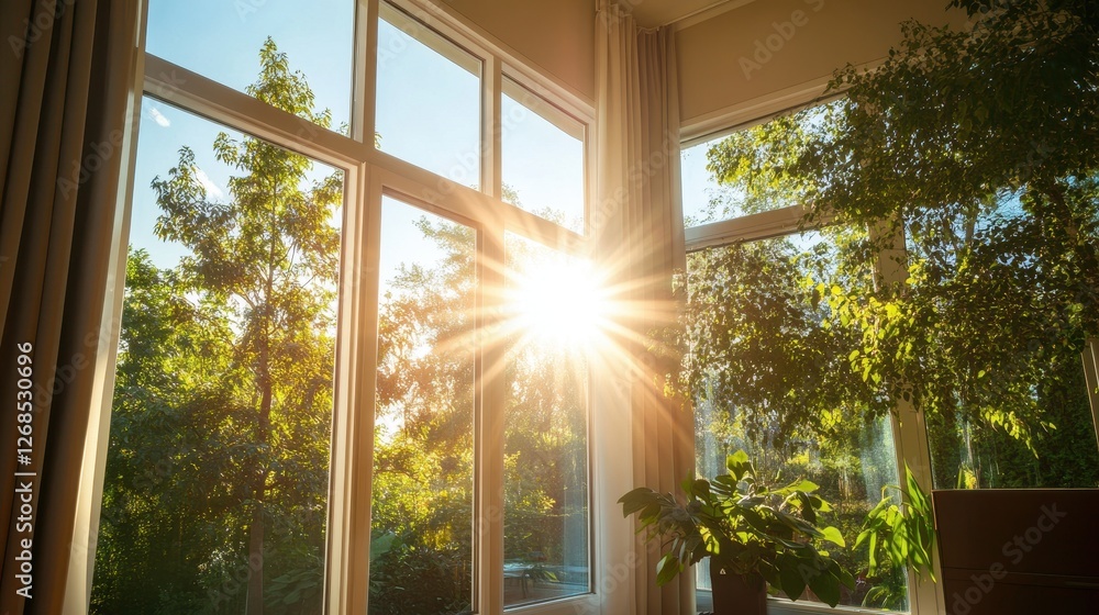 Sunlight Streaming Through Large Windows in a Bright Indoor Space Surrounded by Greenery Sunlight Streaming Through Large Windows in a Bright Indoor Space Surrounded by Greenery