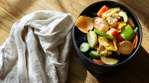 Fresh Organic Vegetable Scraps in a Bowl on a Wooden Surface with a Cloth Napkin